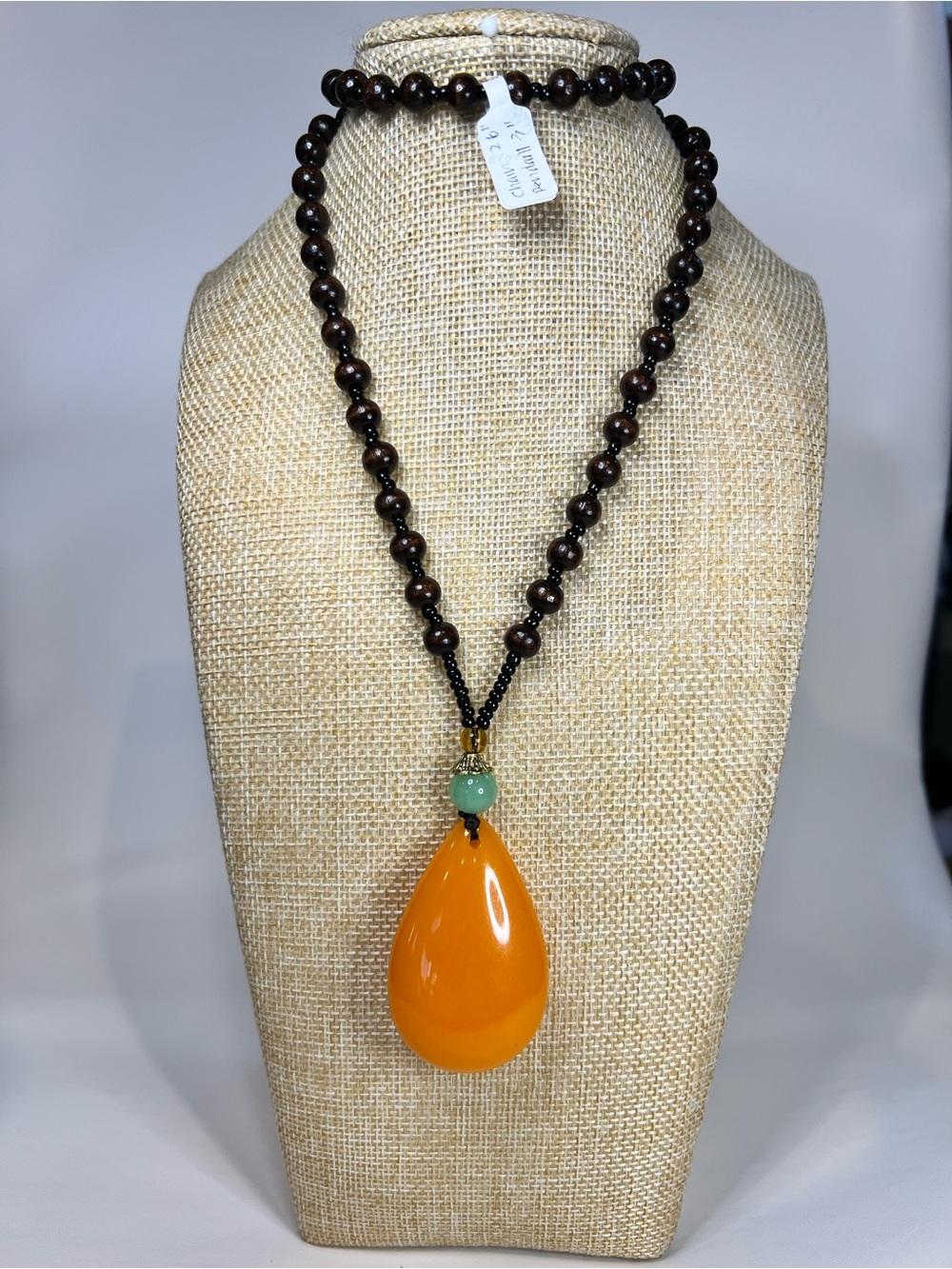 Lightweight wood resin droplet bohemian long necklace 26”